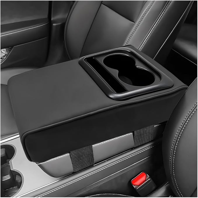 Car Center Console Armrest Pillow, 14"×8.3" Waterproof Leather Armrest Box Cover with Cup and Phone Holder, Soft Memory Foam Arm Rest Console Pad Protector for SUV Truck (Black, Glossy)
