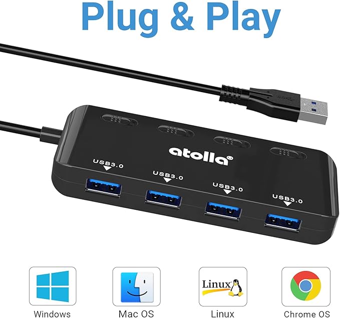 USB Hub, 4-Port USB 3.0 Hub Splitter with 2 ft Extended Cable, Ultra Slim Data USB Extender with Individual Power Switches and LED