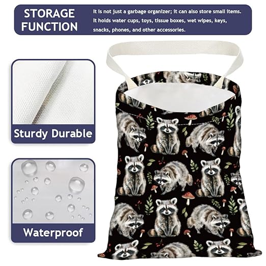 Raccoon Print Car Trash Bag Hanging Garbage Bag with Snap Buttons Car-Back Seat Trash Storage Portable Dustbin for Car Interior Accessories Travel Camping