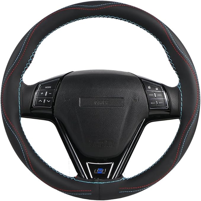 15 Inch Universal Car Steering Wheel Cover Leather (Artificial) Stitch On Wrap with Needle & Thread DIY Red and Blue Splice for BMW Etc