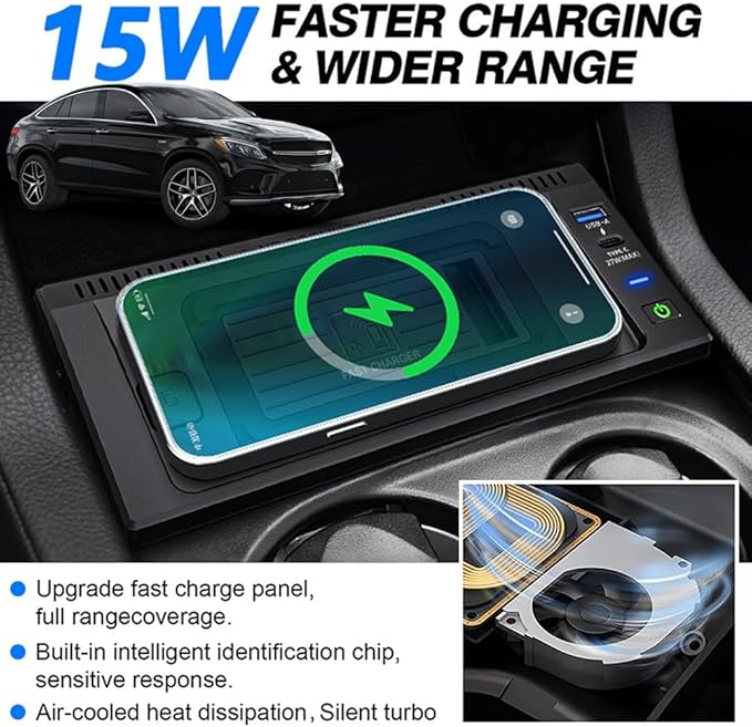 Wireless Car Charger for Mercedes-Benz GLE/GLS/GL/ML 2012-2019, OEM Custom Fit with 27W USB-A & Type-C Wireless Fast Phone Charging Pad for Mercedes-Benz W166 X166 C292 Interior Accessories