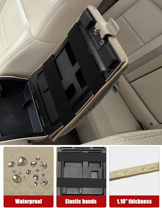 KBH Center Console Armrest Cushion Cover for Ford F150 2004 2005 2006 2007 2008 2009 2010, 40/20/40 Jump Seat, Vinyl Leather Trim, Anti-Scratch, Beige