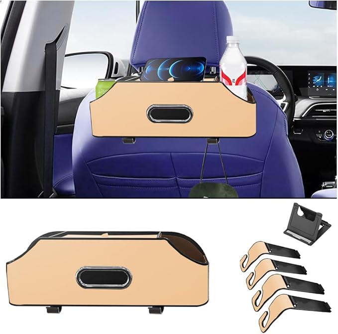 AUCELI Car Seat Back Organizer with Cup Holder and Tissue Box, Headrest Hanging Storage Box with Hooks and Phone Holder, Multi-Function Travel Tray for Kids, Road Trip Car Accessories