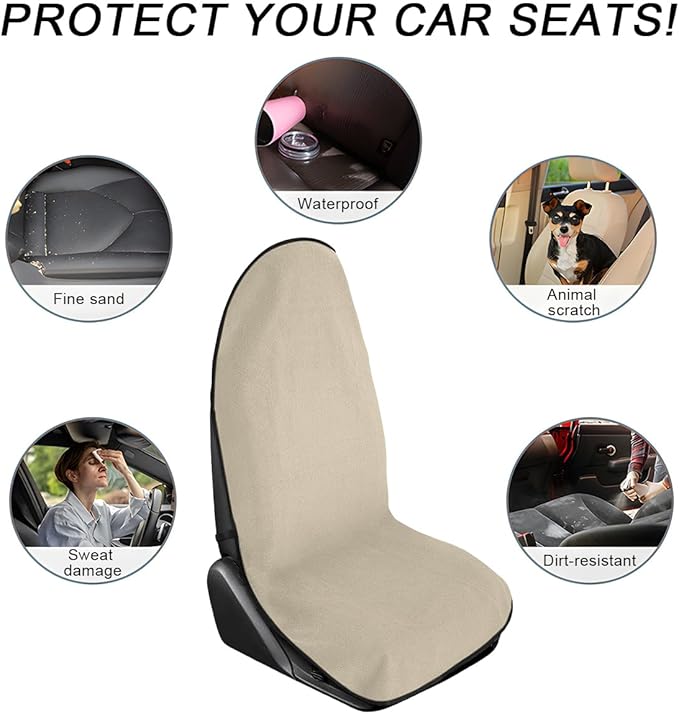Waterproof Car Towel Seat Cover, Sweating Non-Slip Premium Towel Carseat Cover Protector, Universal Soft Machine Washable Car Truck SUV Front Seat Cover for Gym Workout Beach Hiking (Beige)