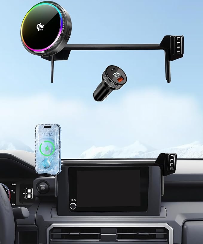 Qi2.2 25W Magnetic Car Mount Charger for 2024 2025 2026 Toyota Tacoma Accessories, for Fast Charging Cell Phone Holder 8 Inch Screen Fixed Clip with Cooling Fan＆54W Fast Adapter