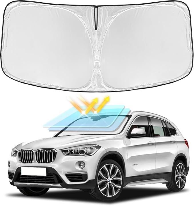 for BMW X1 F48 U11 2016-2024 2025 Windshield Sun Shade - 4 Layers Car Sunshades for Front Windows Shade Cover Custom Fit X1 F48 U11 Sun Visor 250T Retractable Shade Blocks UV Rays Car Accessories