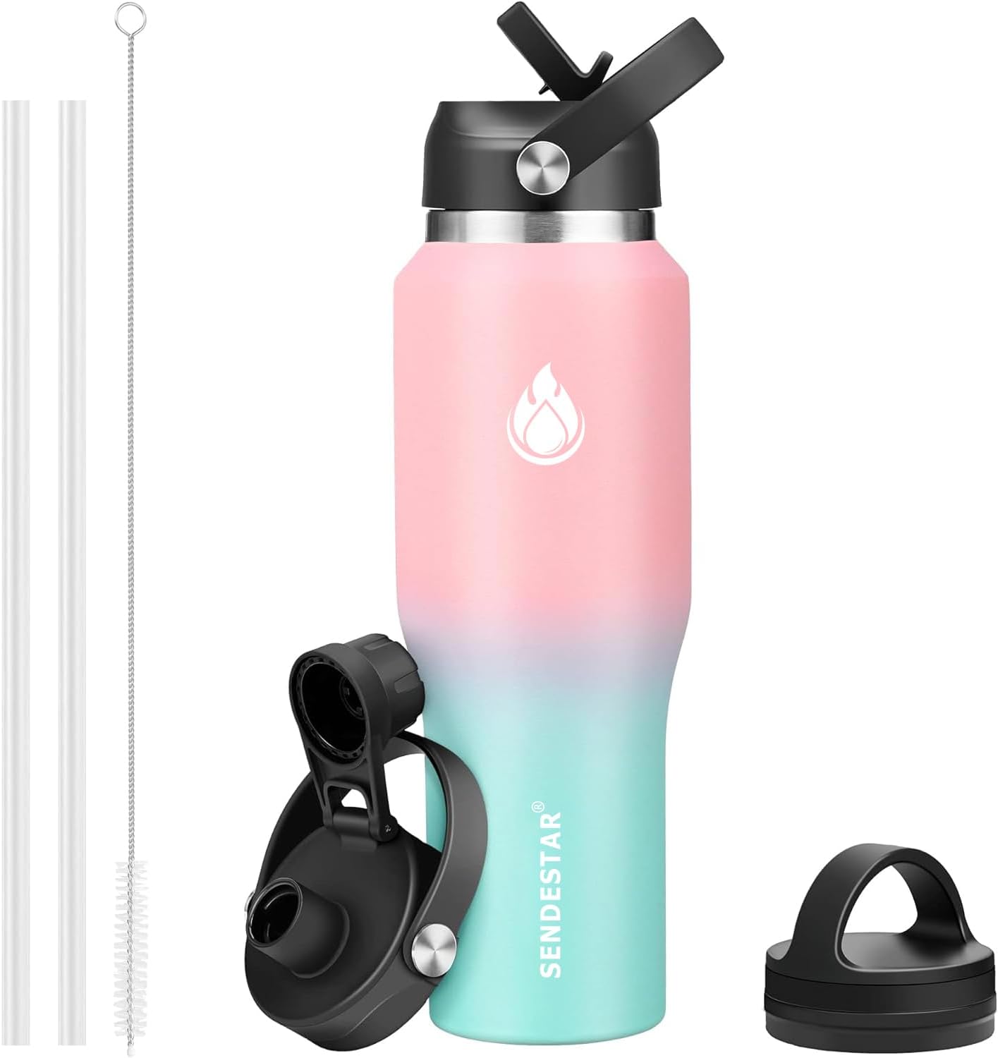 SENDESTAR 40oz Stainless Steel Water Bottle(Cold for 48 Hrs, Hot for 24 Hrs),Double Wall Vacuum Insulated Bottle with Straw Lid, Spout Lid and Flex Cap, Fit in Any Car Cup Holder
