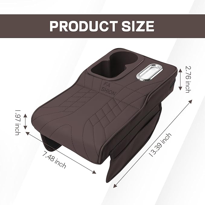 Car Center Console Armrest Pillow, 13.4"×7.5"×2" Leather Auto Arm Rest Cover with Pocket & Tissue Box & Cup Holder, Multifunctional Vehicle Armrest Cushion Pad, Car Accessories (Brown)