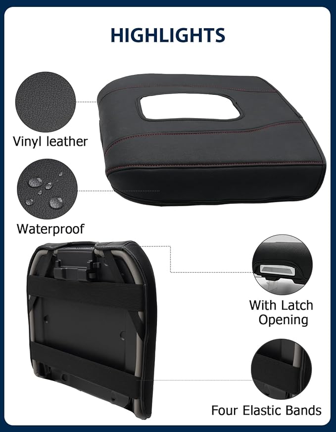 Center Console Cover for Chevy Silverado 1500 Accessories & GMC Sierra 2019-2026, Yukon & Tahoe & Suburban 2021-2026, Bucket Seat, PU Leather Armrest Middle Console Cover, Black-Red Stitch