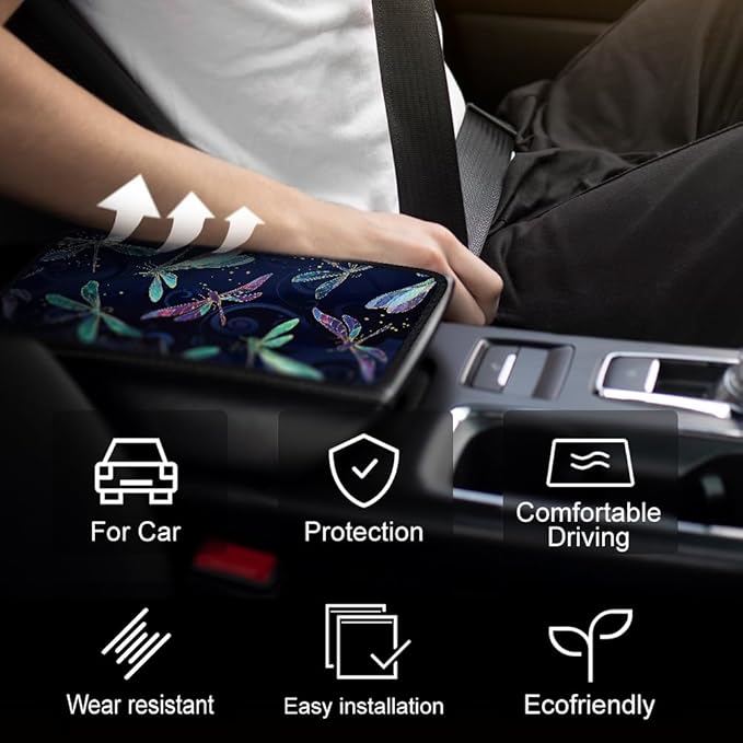 1pc Center Console Armrest Cover Pad 12.6x7.5 inch Dragonfly Neoprene Car Armrest Cushion Waterproof Armrests Seat Box Cover Protector for Universal Cars Vehicles SUVs