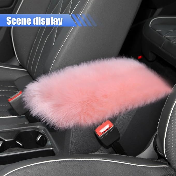 Auto Center Console Cover Pad, 11.81"x 7.87" Warm & Furry Winter Car Armrest Cover, Soft Faux Sheepskin Wool Car Armrest Seat Box Protector Cushion, Universal Interior Accessory (Pink)