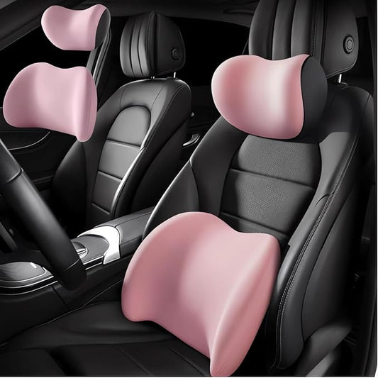 Car Headrest & Lumbar Support Cushion 2025 Upgrade Comfort Memory Foam Car Backrest and Neck Pillow Ergonomic Car Headrest & Lumbar Support for Driving Car Support Cushion for Office Chair Car (Pink)