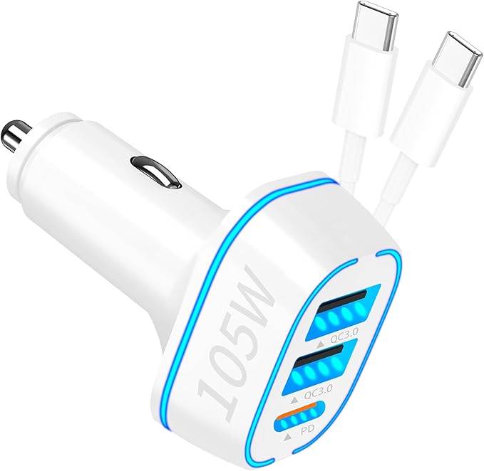 105W USB Car Charger 3-Port for Family Travel, PD 45W & QC3.0 30W Super Fast Charging for Multiple Devices, Cigarette Lighter with MFi Certified Carplay Cable Fast Charger for iPhone iPad