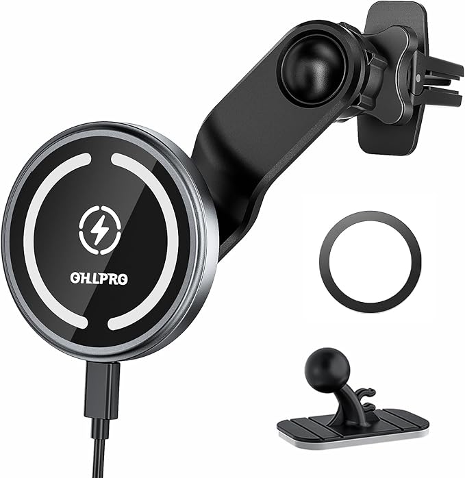 OHLPRO for MagSafe Car Mount Charger iPhone Wireless Car Charger, Stick on Dashboard Magnetic Phone Holder Mount for iPhone 17 Pro Max 16 15 14 Series, 15W Fast Charging, Aluminum Shell