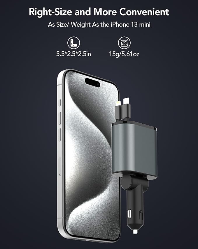 Retractable Car Charger Adapter for iPhone 17,4 in 1 Fast Charging Car Phone Charger,69W USB C Car Truck Accessories,Road Trip Essentials Gift for Men Women for iPhone 17/16/15/14/13/12,Galaxy S25