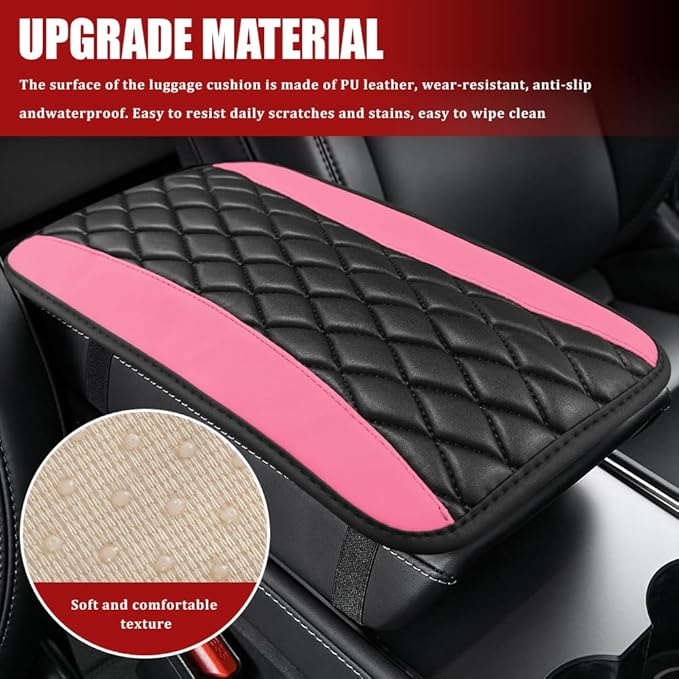 Car Center Console Cushion Pad, Armrest Cover for Car, Leather Waterproof Armrest Seat Box Cover, Auto Accessories Comfortable Arm Rest Box Cushion Pad for Most Vehicles (Pink)