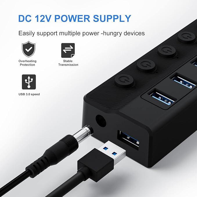 ONFINIO Powered USB Hub 3.0, 10-Port USB Splitter Hub with Individual On/Off Switches and 12V/2A Power Adapter USB Extension