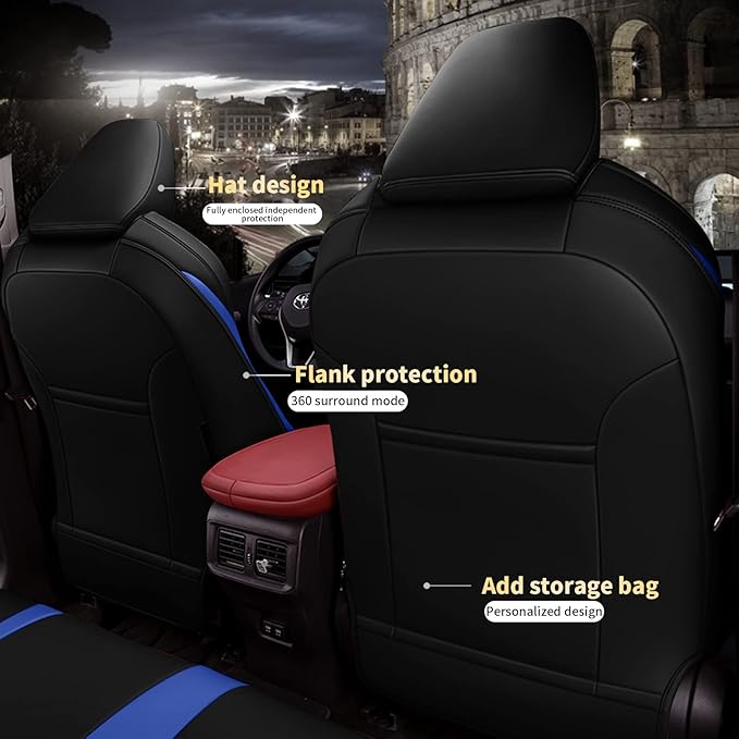 AOMSAZTO Car Seat Cover Fit for Toyota CHR 2018-2022 Faux Leather Seat Covers Protector Compatible Airbag Waterproof C-HR Full Set Black&Blue