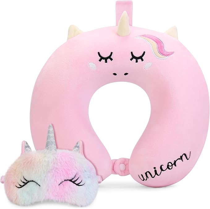 Kids Neck Pillow, Unicorn Kids Travel Neck Pillow for Traveling with Eye Mask, Toddler Travel Essentials for Road Trip Airplane Car Seat, Cute Headrest Memory Foam Pillows for Girl Gift (Pink)