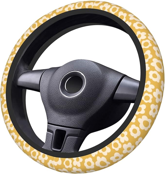 Vintage Groovy Flowers Steering Wheel Cover Universal 15 Inch Cute Car Accessories Protector for Women Men