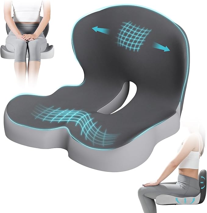 Ergonomic Seat Cushion for Office Chair & Car - Memory Foam Car Cushions for Driving with L-Shaped Design, Adjustable Strap, Non-Slip Bottom - Orthopedic Pad for Truck Driver (Grey)