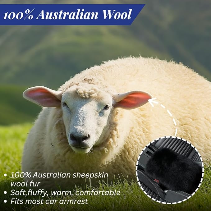 Andalus Brands Pure Australian Sheepskin Fluffy Car Center Console Cover, Luxurious Non-Shedding Furry Arm Rest Cover for Car, Versatile for All Seasons, Black - (11.47" X 6.3")