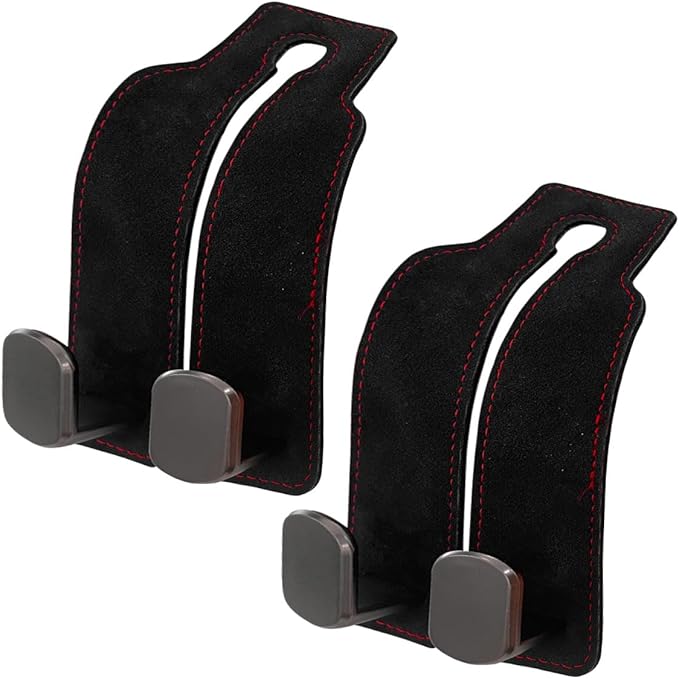 Car Seat Back Double Hooks for Headrest, Leather Car Back Seat Hooks for Purse and Bags, Upgraded 2 in 1 Purse Hook for Car Seat, Universal Vehicle Headrest Hangers for Car, Home (Black, 2PCS)