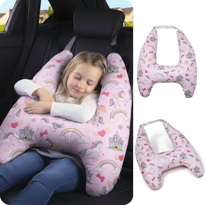 Travel Pillow Car Cushion for Kids 6 Years Old+ Shoulder Neck Back Support & Seat Belt Comfort, Road Trip Cozy Sleeping Gift for Young Travelers, Parents, Families, Baby Shower (Unicorn Pink)