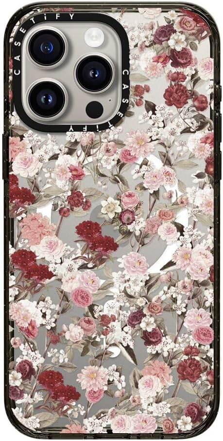 CASETiFY Impact Case for iPhone 15 Pro Max [8.2ft 4X Military Grade Drop Protection/Compatible with Magsafe] - Vintage Flower Monday - Clear Black