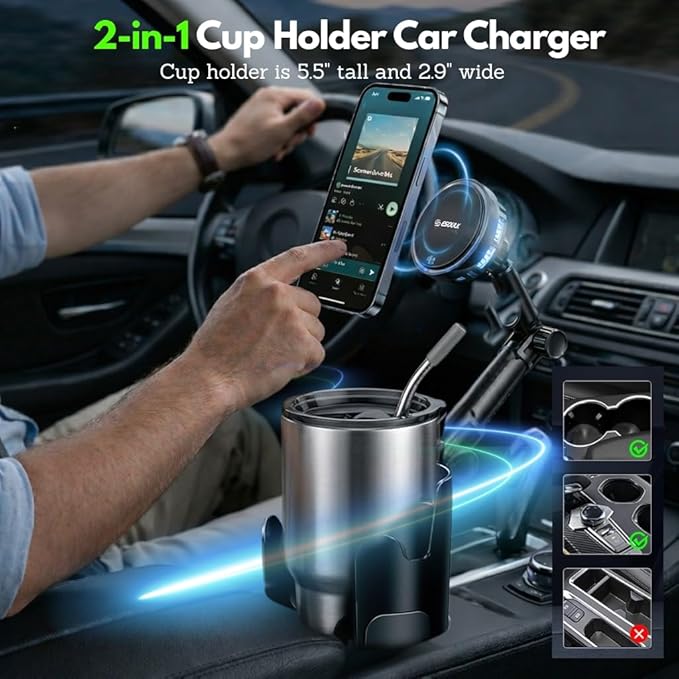 Esoulk [2026 Upgraded] Qi2 25W Fast Wireless Car Charger with Cooling Fan, Cup Holder Phone Mount with Adjustable Long Arm, Magnetic Fast Charging Holder for iPhone & Android