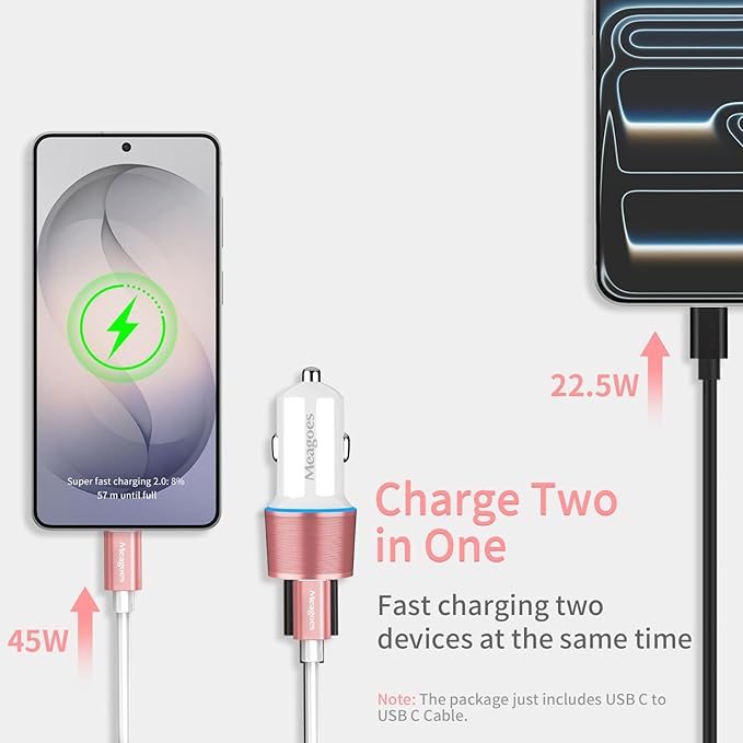 67.5W Pink Car Charger USB C Super Fast Charging, 45W USBC&QC3.0 Port Plug for iPhone 17 Pro Max/Air/16/15/iPad, Samsung S26 Android Cell Phone, Dual 12V Cigarette Lighter Adapter+3.3 ft Type C Cable