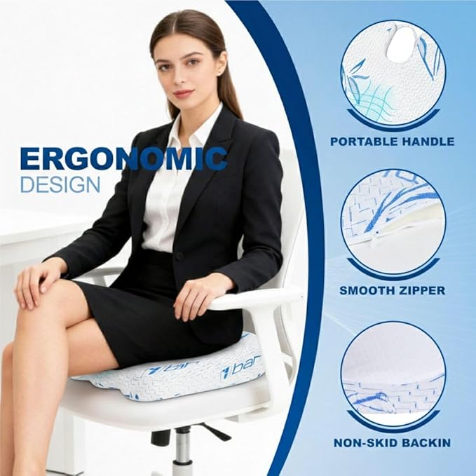 Bamboo Seat Cushion Pillow for Office Chair - Memory Foam Pad for Tailbone, Sciatica, Lower Back Pain Relief, Ergonomic and Non-Slip, Machine Washable Cover (Bamboo, Blue)