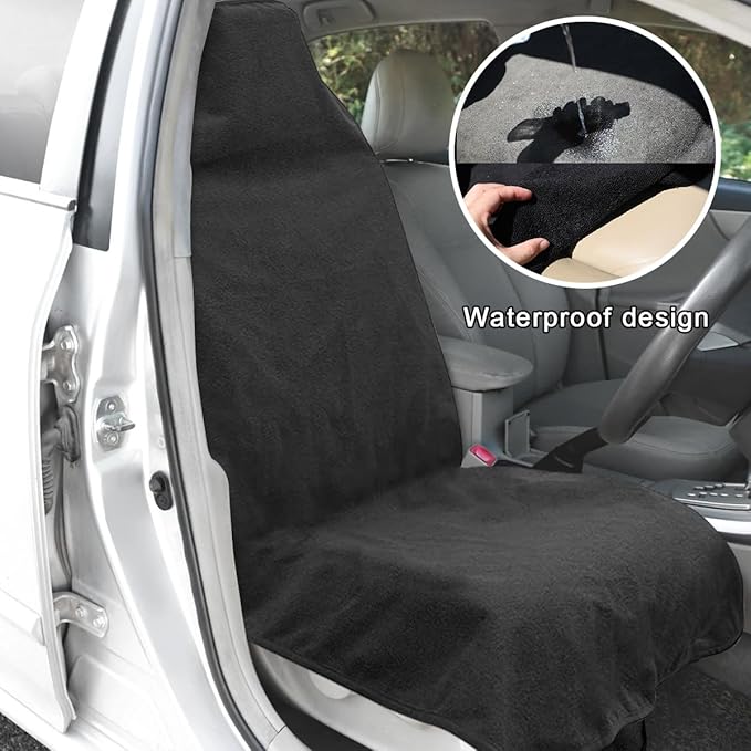 2PCS Car Towel Seat Cover, Waterproof Sweating Non-Slip Premium Soft Towel Carseat Protector, Universal Machine Washable Car Truck SUV Front Seat Cover for Gym Workout Beach Hiking (Black)
