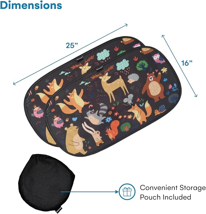 Window Shade-(2 Pack)-XL-25" x 16"-Colorful Cartoon Animal Designs, Cling Car Sun Shade for Windows - Sun, Glare and UV Rays Protection for Your Child - Baby Car Shades for Side Window by Enovoe