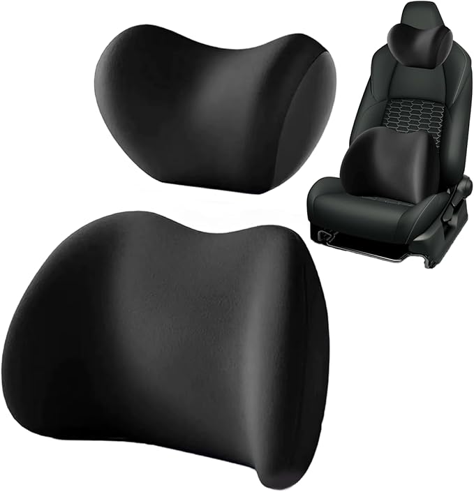 Memory Foam Breathable Ergonomic Car Headrest Pillow & Lumbar Pillow Kit with Adjustable Strap Black Car Neck for Driving, Rest, Sleep Seat Brackets