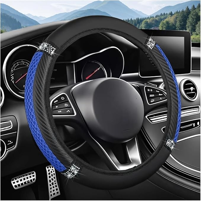 Bling Car Steering Wheel Cover, 15 Inch Elastic Stretch Crystal Rhinestone Vehicle Steering Wheel Protector, Anti-Slip Auto Interior Protective Cover, Universal for SUV RV Truck (Blue)