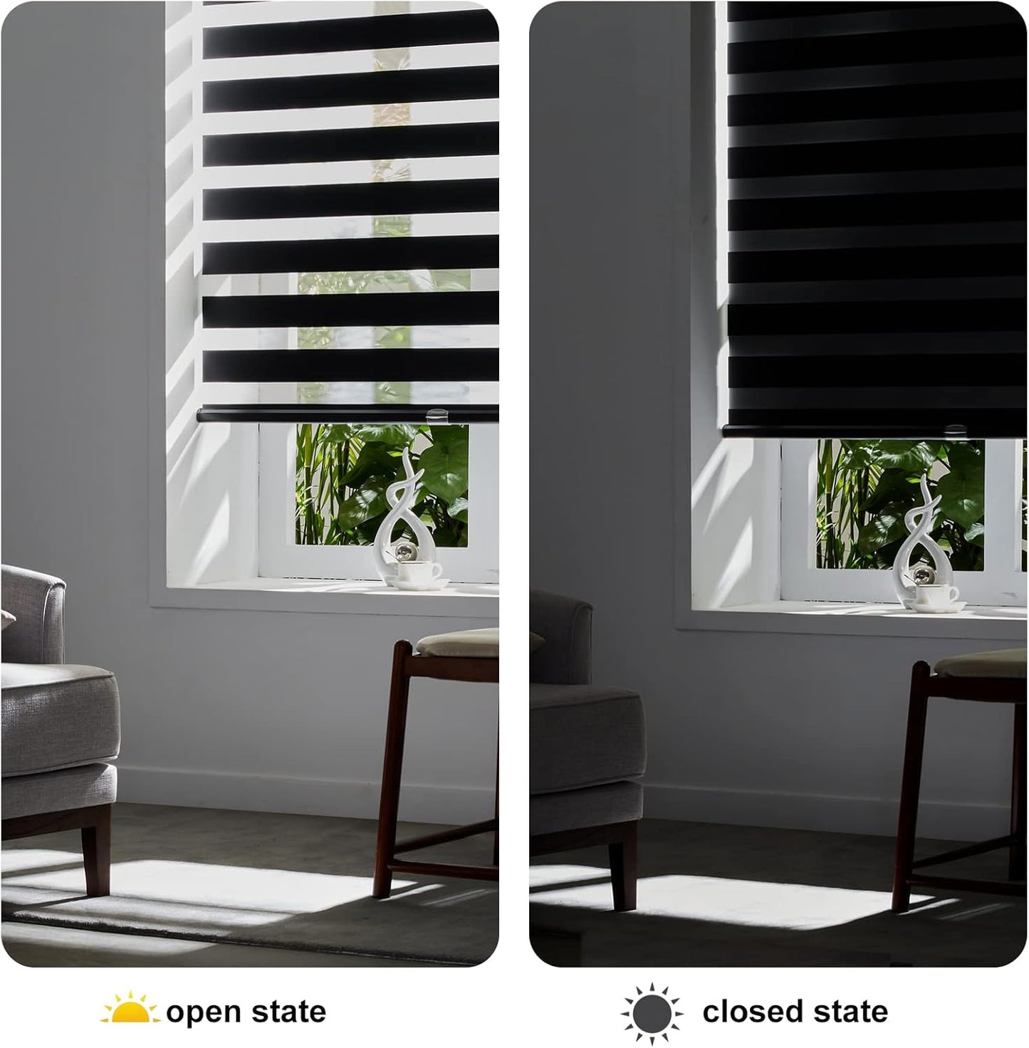 Persilux Cordless Zebra Blinds for Windows Free-Stop Roller Windows Shades (34" W X 47" H, Black) Dual Layer Light Control for Day and Night, Light Filtering Sheer Shades for Home, Easy to Install