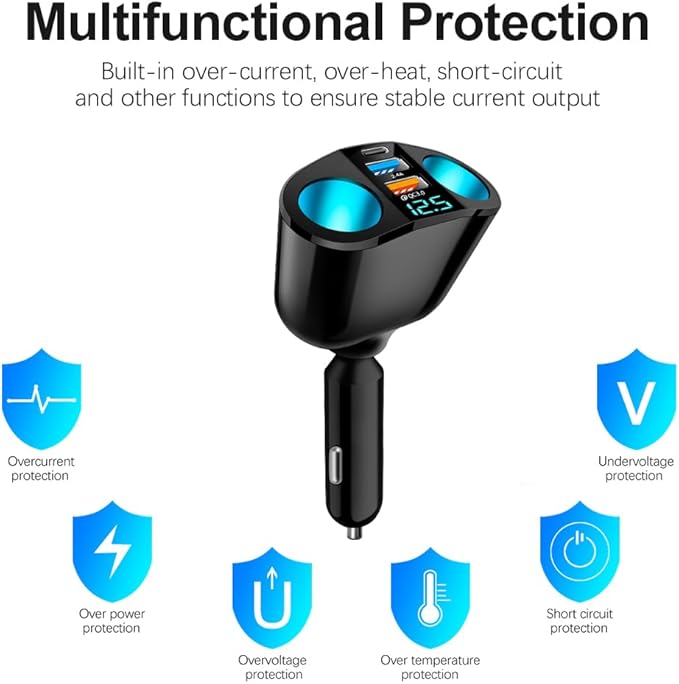 Cigarette Lighter Adapter, USB C Car Phone Charger Adapter with Voltmeter, QC3.0 & PD 24V Cigarette Lighter Splitter, 12V USB Outlet Car USB Charger Fast Charging for Phone Tablets Dashcam