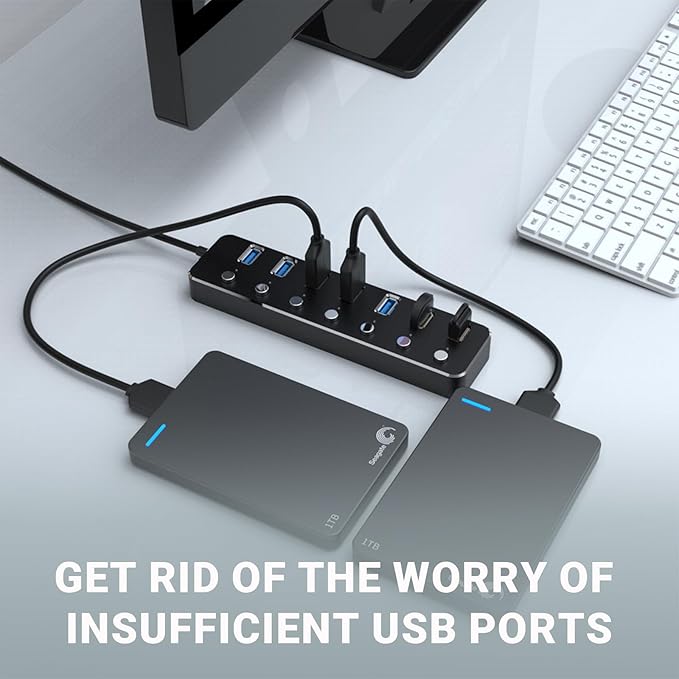USB 3.0 Hub 7 Port USB Hub with 2ft Long Cable Aluminum USB Hub for Laptop and PC with Individual On/Off Switch and LED Indicator