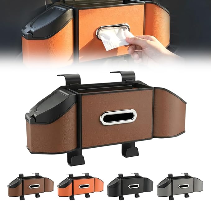 7-in-1 Car Backseat Organizer,Multifunctional Car Organizers and Storage Box with Cup Holder, Tissue Box,Trash Bin,Phone Mount and Hooks,Car Essentials Accessories for Women and Men (Brown)