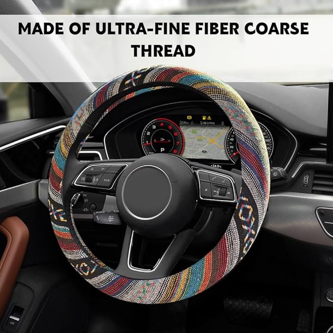 Boho Steering Wheel Cover, Steering Wheel Cover Women, 15 inch Hippie Style Protector Covers, Universal Ethnic Flax Cloth Car Accessories Universal for SUV Van Truck (Hippie-D)