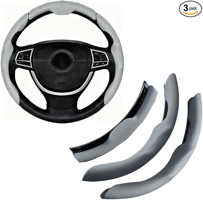 Car Steering Wheel Cover, Nappa Leather 15 Inch Snap-On 3PCS Set Vehicle Steer Wheel Wrap Protector, Non-Slip Automotive Interior Protection Accessories, Universal Fit (Gray)