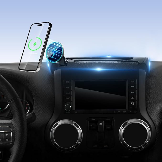 SKYLOTEC Phone Holder for Jeep Wrangler JK JKU 2011-2016 2017 2018 Accessories Car Magnetic Phone Mount Compatible with MagSafe, Strong Magnets Fast Wireless Charger Dashboard Mount Dash Tray
