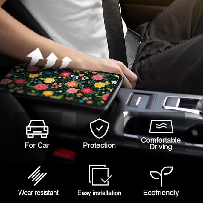 1pc Center Console Armrest Cover Pad 12.6x7.5 inch Flower Neoprene Car Armrest Cushion Waterproof Armrests Seat Box Cover Protector for Universal Cars Vehicles SUVs