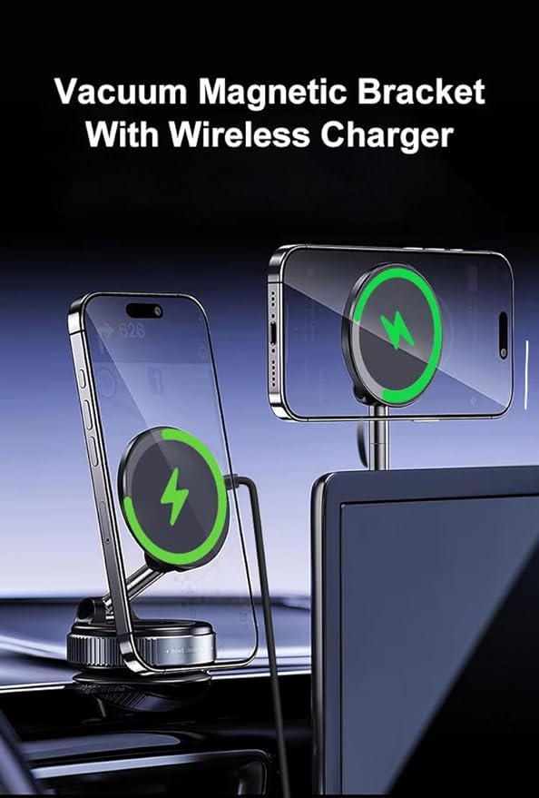 Magnetic Wireless Car Charger Mount with Vacuum Suction – 360° Adjustable & Foldable Dashboard/Windshield Phone Holder – MagSafe Compatible for iPhone & Samsung