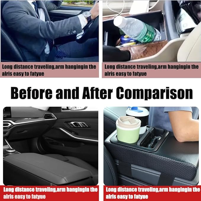 Supin Car Armrest Cushion - Multifunctional Faux Leather Armrest Cushion with Cup Holder, Phone Storage, and Ergonomic Design for All Seasons (Carbon Style)