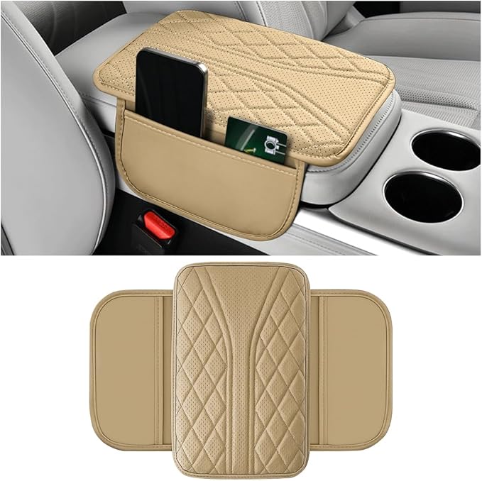 Car Center Console Cover, Leather Vehicle Armrest Box Pad with 2 Storage Bags, Automotive Interior Arm Rest Cushion Protector Accessories, Universal for SUV Sedan Truck (Beige)