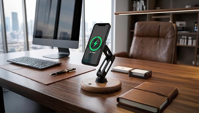 ClikDock Cell Phone Magnetic Wireless Charger Stand, 360° Spin, Aluminum Construction, Compatible with MagSafe Phones for iPhone & Andriod (Oak Wood)