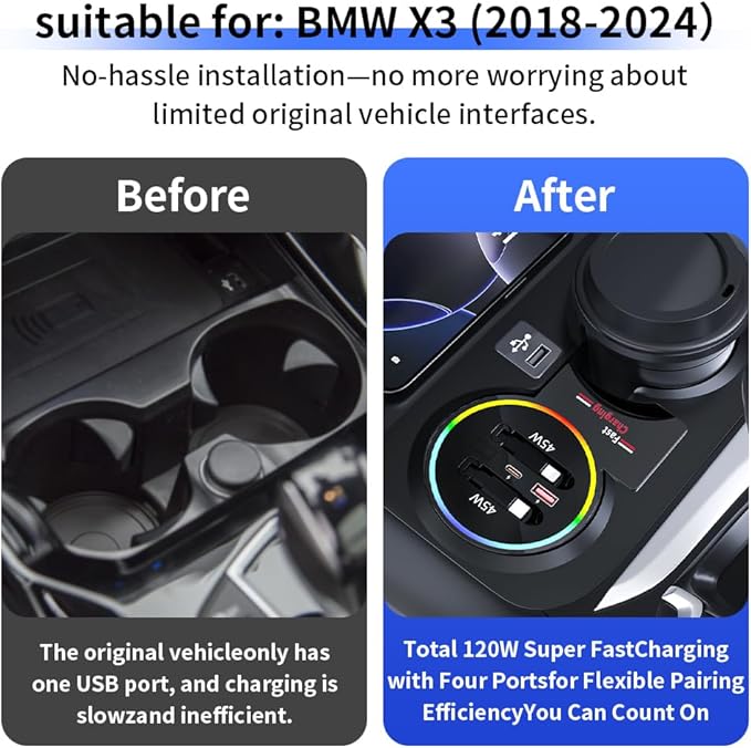 Car USB Hub Docking Station for BMW X3 2018-2024，X3 M 2020-2024，X4 2019-2025，X4 M 2020-2025 Type-C Fast Charger Auto Interior Centre Console Accessories Cigarette Lighter Phone Charging Adapter