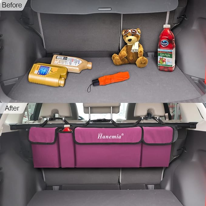 Hanemia Car Trunk Organizer, Backseat Hanging Storage with 4 Large Pockets, Collapsible Cargo Bag with Adjustable Straps Frees Trunk Floor, Sturdy Space Saving Expert for SUV, Truck, Van (Purple)